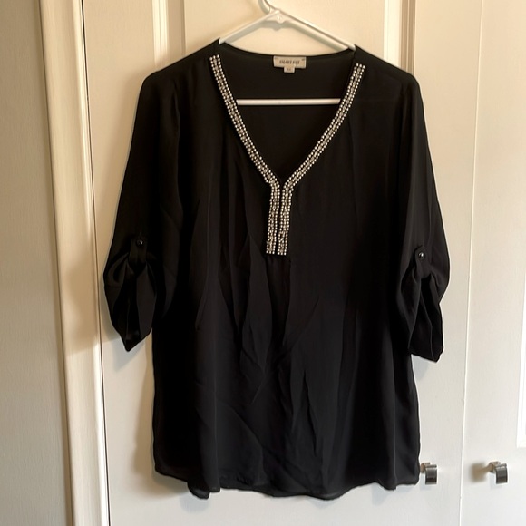 Smart set black 3/4 length beaded neck line top size large - Picture 1 of 2